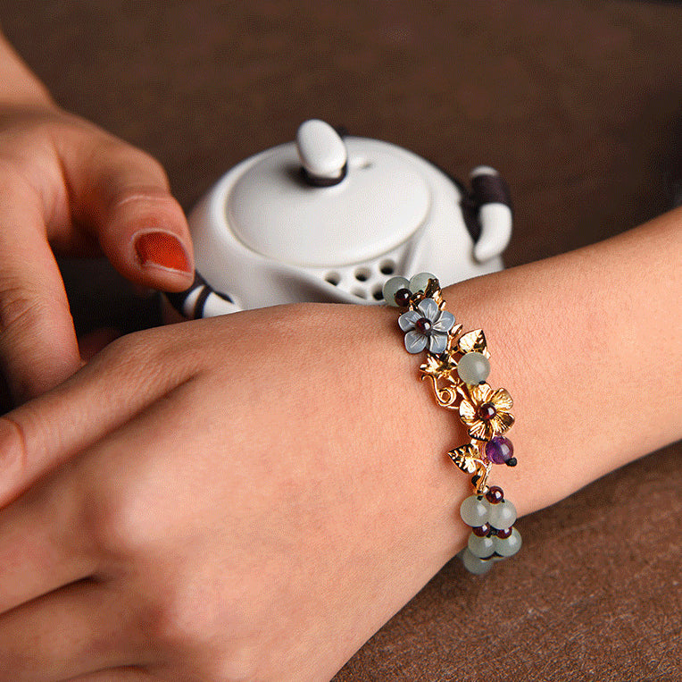 Green Aventurine Garnet Bead Flower Petal Luck Bracelet - Fortune & Karma