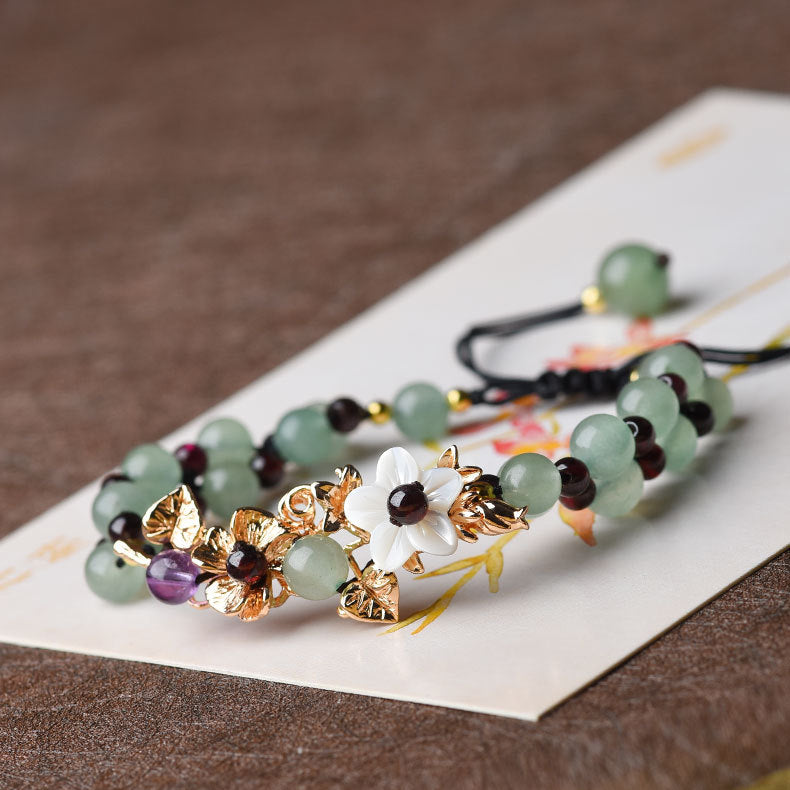 Green Aventurine Garnet Bead Flower Petal Luck Bracelet - Fortune & Karma