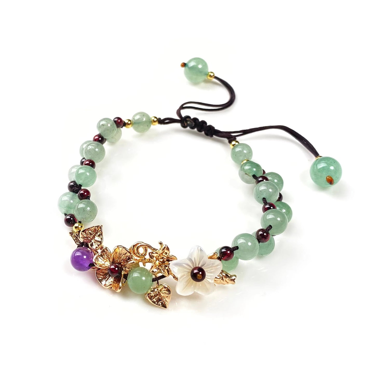 Green Aventurine Garnet Bead Flower Petal Luck Bracelet - Fortune & Karma
