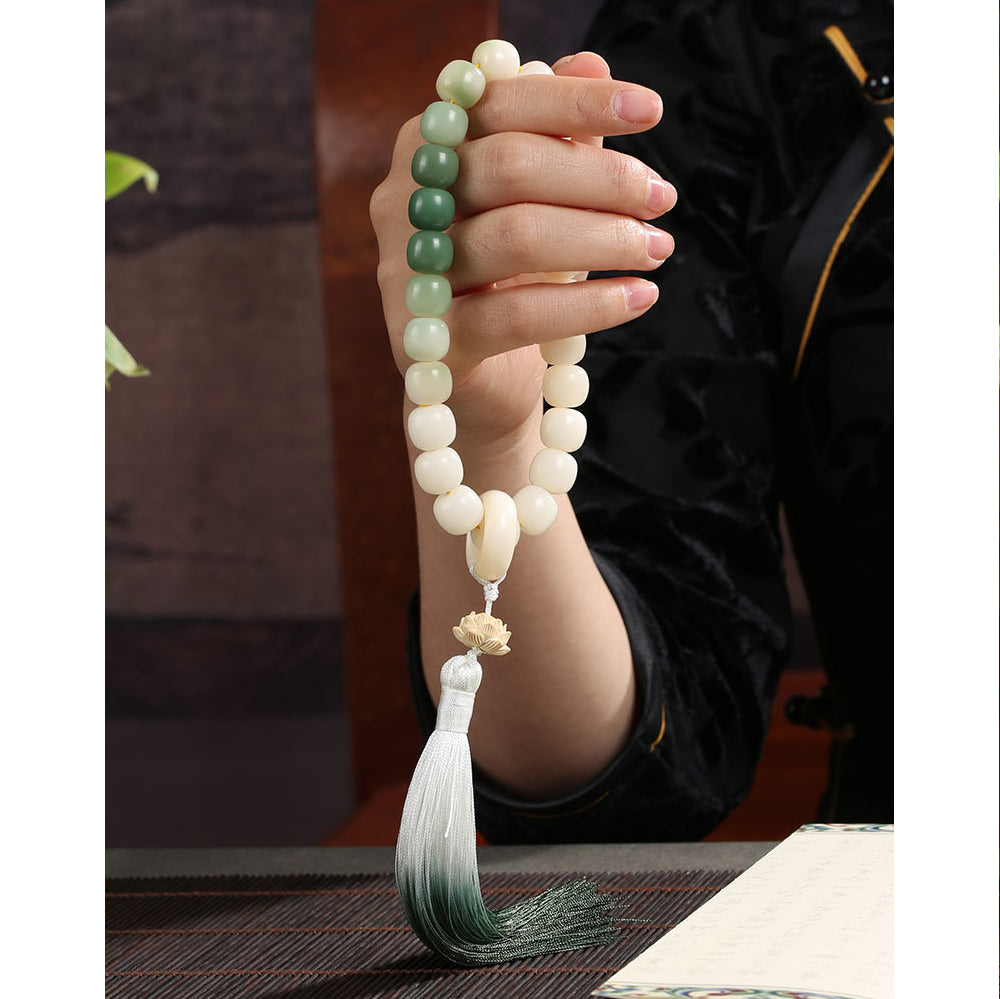 Natural Gradient Bodhi Seed Fortune Money Bag Lotus Wisdom Tassel Wrist Mala - Fortune & Karma