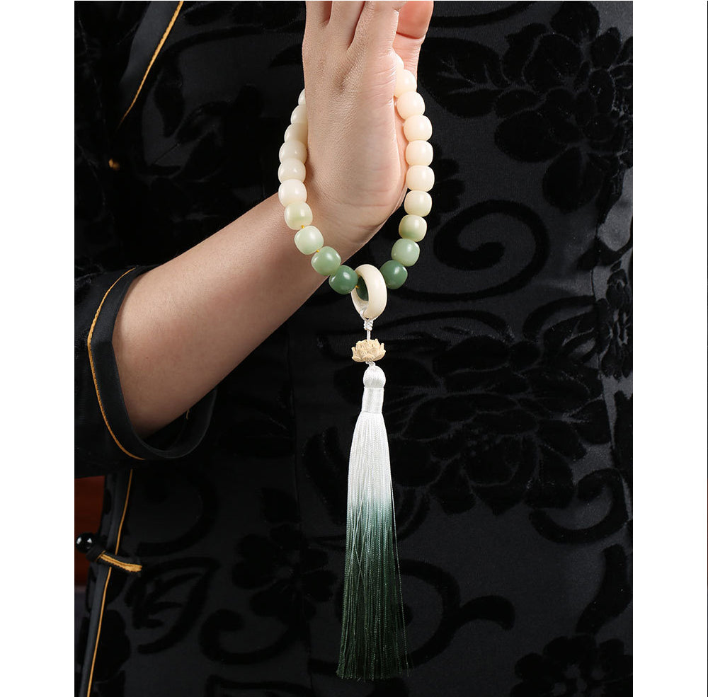 Natural Gradient Bodhi Seed Fortune Money Bag Lotus Wisdom Tassel Wrist Mala - Fortune & Karma