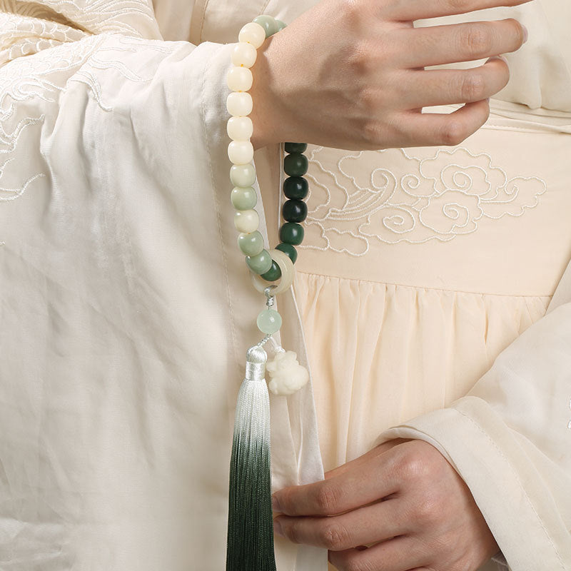 Natural Gradient Bodhi Seed Fortune Money Bag Lotus Wisdom Tassel Wrist Mala - Fortune & Karma