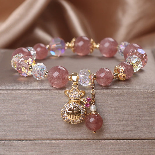 Natural Strawberry Quartz Crystal Money Bag Charm Positive Bracelet - Fortune & Karma