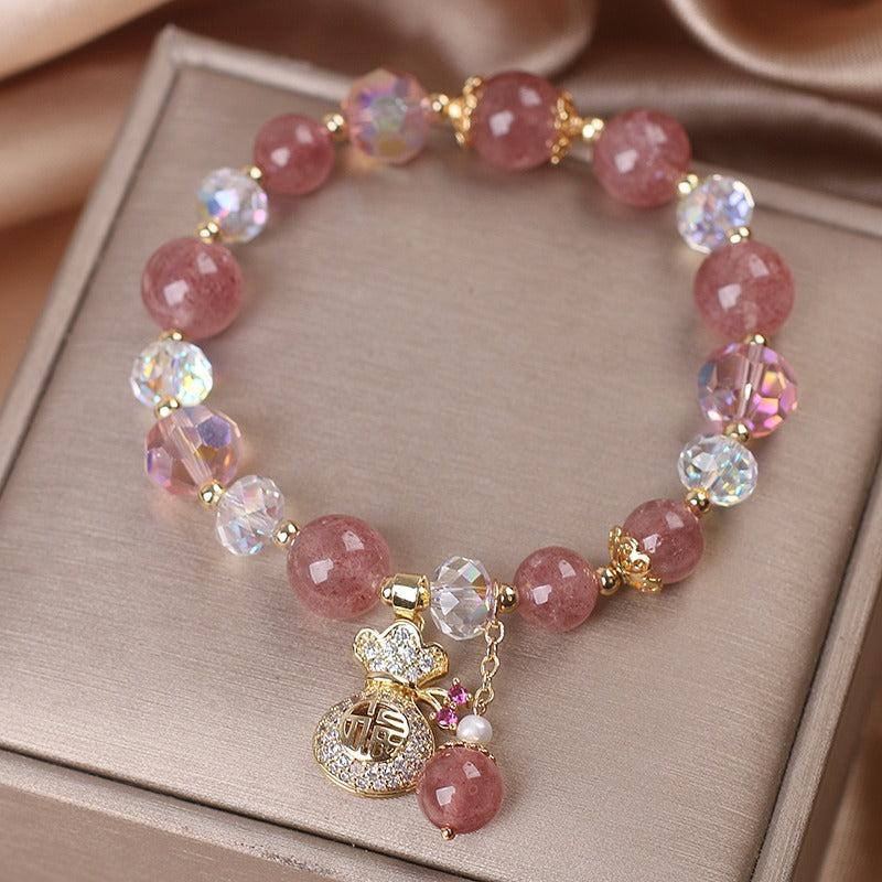 Natural Strawberry Quartz Crystal Money Bag Charm Positive Bracelet - Fortune & Karma