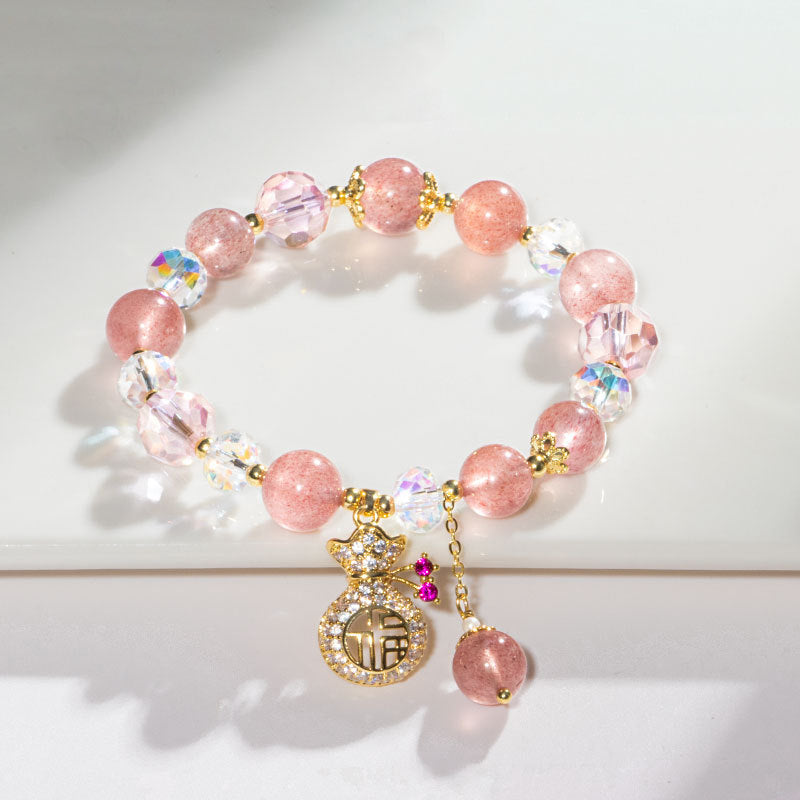 Natural Strawberry Quartz Crystal Money Bag Charm Positive Bracelet - Fortune & Karma