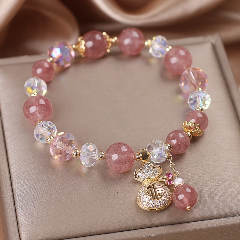 Natural Strawberry Quartz Crystal Money Bag Charm Positive Bracelet - Fortune & Karma