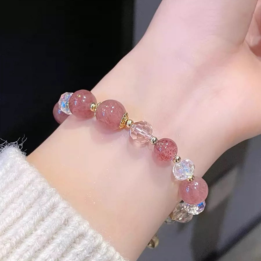 Natural Strawberry Quartz Crystal Money Bag Charm Positive Bracelet - Fortune & Karma