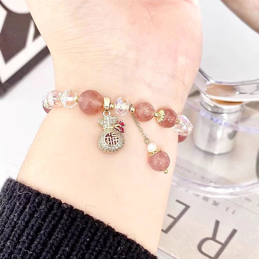 Natural Strawberry Quartz Crystal Money Bag Charm Positive Bracelet - Fortune & Karma