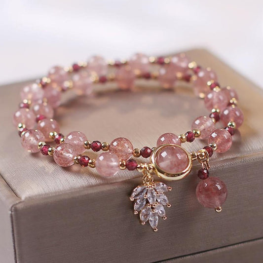 Natural Strawberry Quartz Love Healing Maple Leaf Charm Double Wrap Bracelet - Fortune & Karma
