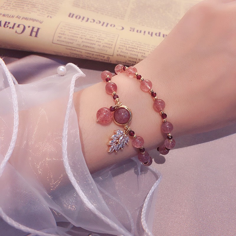 Natural Strawberry Quartz Love Healing Maple Leaf Charm Double Wrap Bracelet - Fortune & Karma