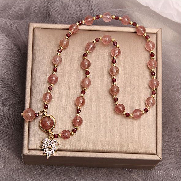 Natural Strawberry Quartz Love Healing Maple Leaf Charm Double Wrap Bracelet - Fortune & Karma