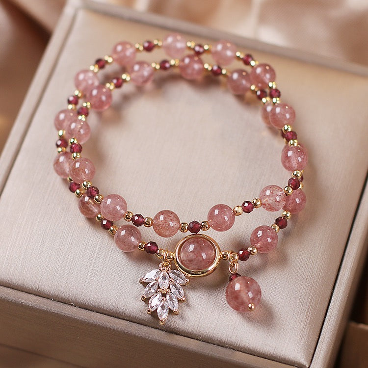 Natural Strawberry Quartz Love Healing Maple Leaf Charm Double Wrap Bracelet - Fortune & Karma