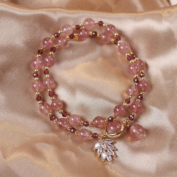 Natural Strawberry Quartz Love Healing Maple Leaf Charm Double Wrap Bracelet - Fortune & Karma
