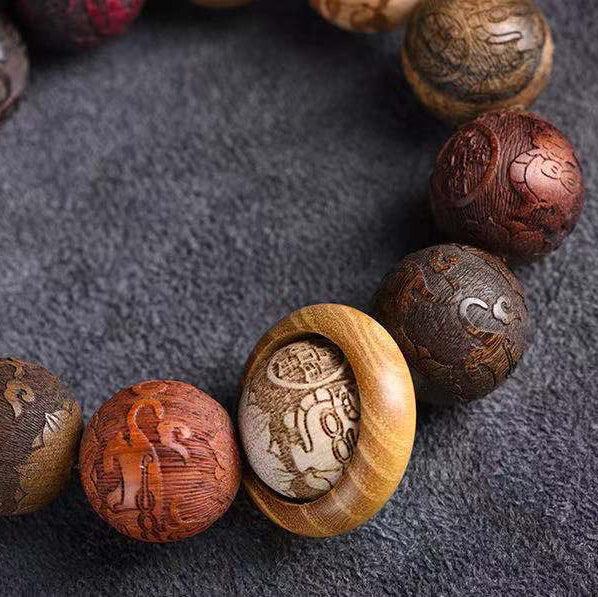 PiXiu Carved Rosewood Green Sandalwood Ebony Wood Copper Coin Carved Calm Bracelet - Fortune & Karma