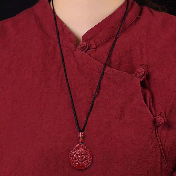 Natural Cinnabar Dragon Protection Necklace Pendant - Fortune & Karma