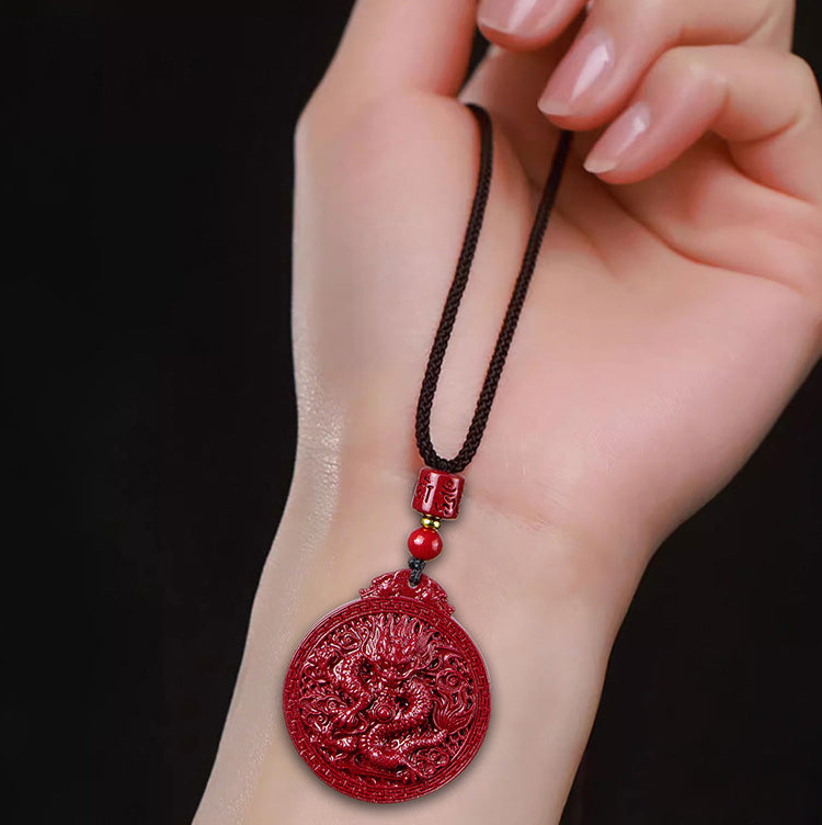 Natural Cinnabar Dragon Protection Necklace Pendant - Fortune & Karma