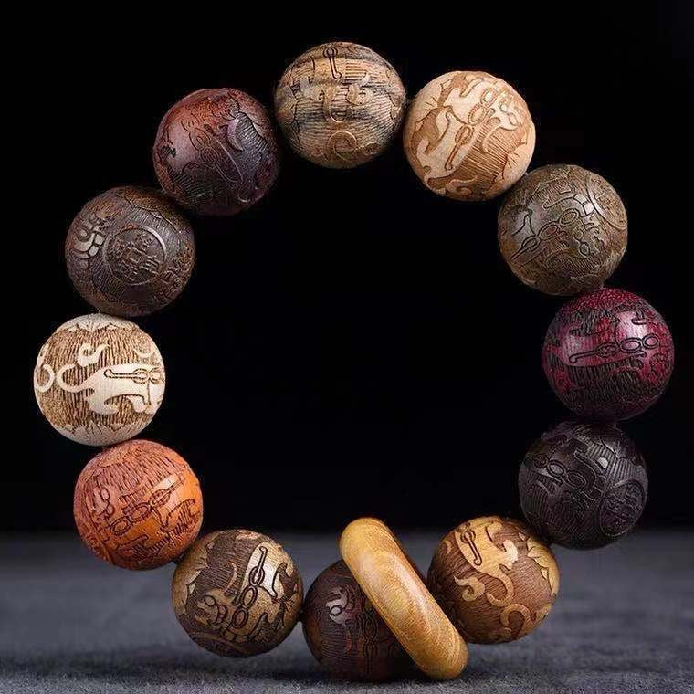 PiXiu Carved Rosewood Green Sandalwood Ebony Wood Copper Coin Carved Calm Bracelet - Fortune & Karma