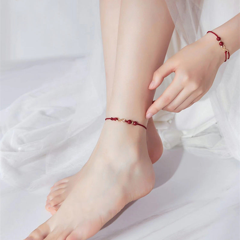 Cinnabar Blessing Red String 14K Gold Infinity Symbol Bracelet Anklet - Fortune & Karma