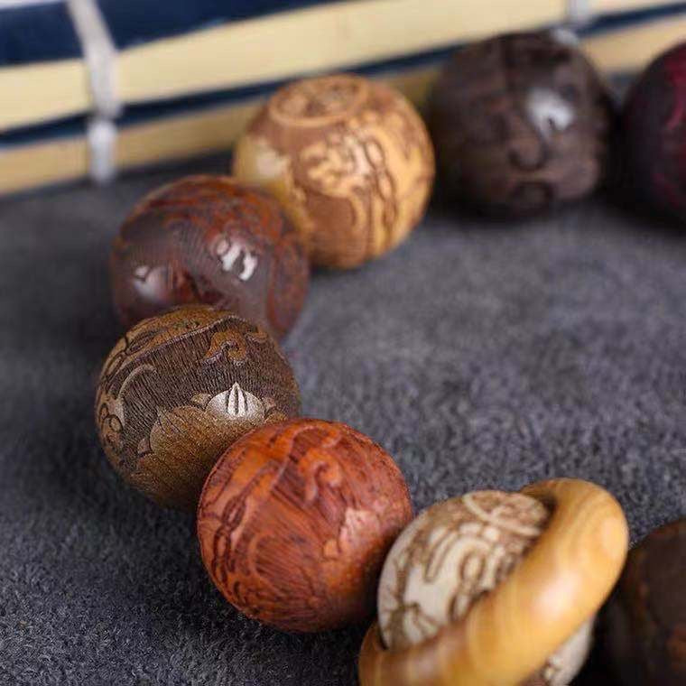 PiXiu Carved Rosewood Green Sandalwood Ebony Wood Copper Coin Carved Calm Bracelet - Fortune & Karma
