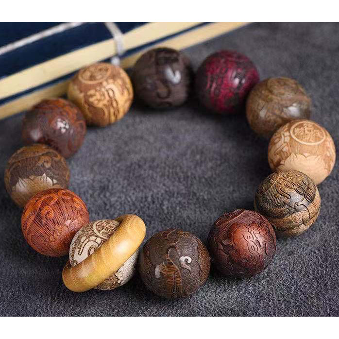 PiXiu Carved Rosewood Green Sandalwood Ebony Wood Copper Coin Carved Calm Bracelet - Fortune & Karma