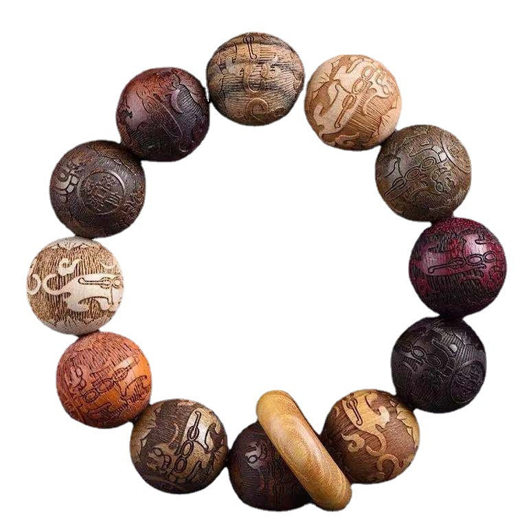 PiXiu Carved Rosewood Green Sandalwood Ebony Wood Copper Coin Carved Calm Bracelet - Fortune & Karma