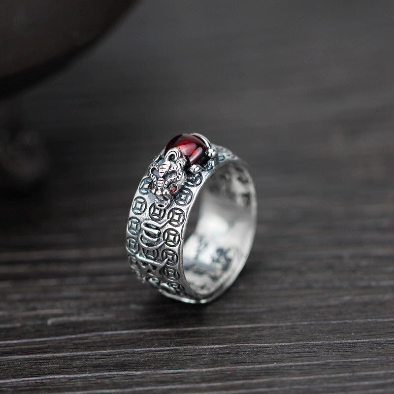 S925 Thai Sliver FengShui PiXiu Red Garnet Wealth Ring