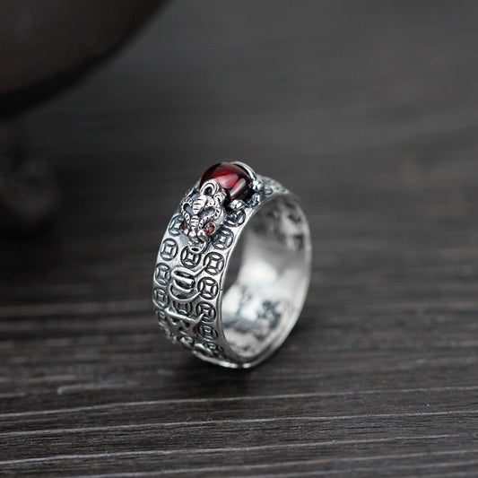S925 Thai Sliver FengShui PiXiu Red Garnet Wealth Ring