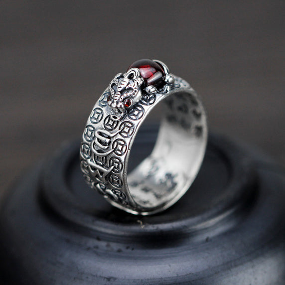 S925 Thai Sliver FengShui PiXiu Red Garnet Wealth Ring