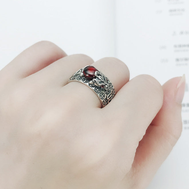 S925 Thai Sliver FengShui PiXiu Red Garnet Wealth Ring