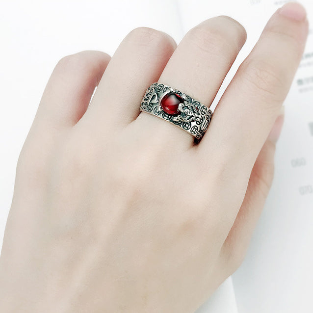 S925 Thai Sliver FengShui PiXiu Red Garnet Wealth Ring