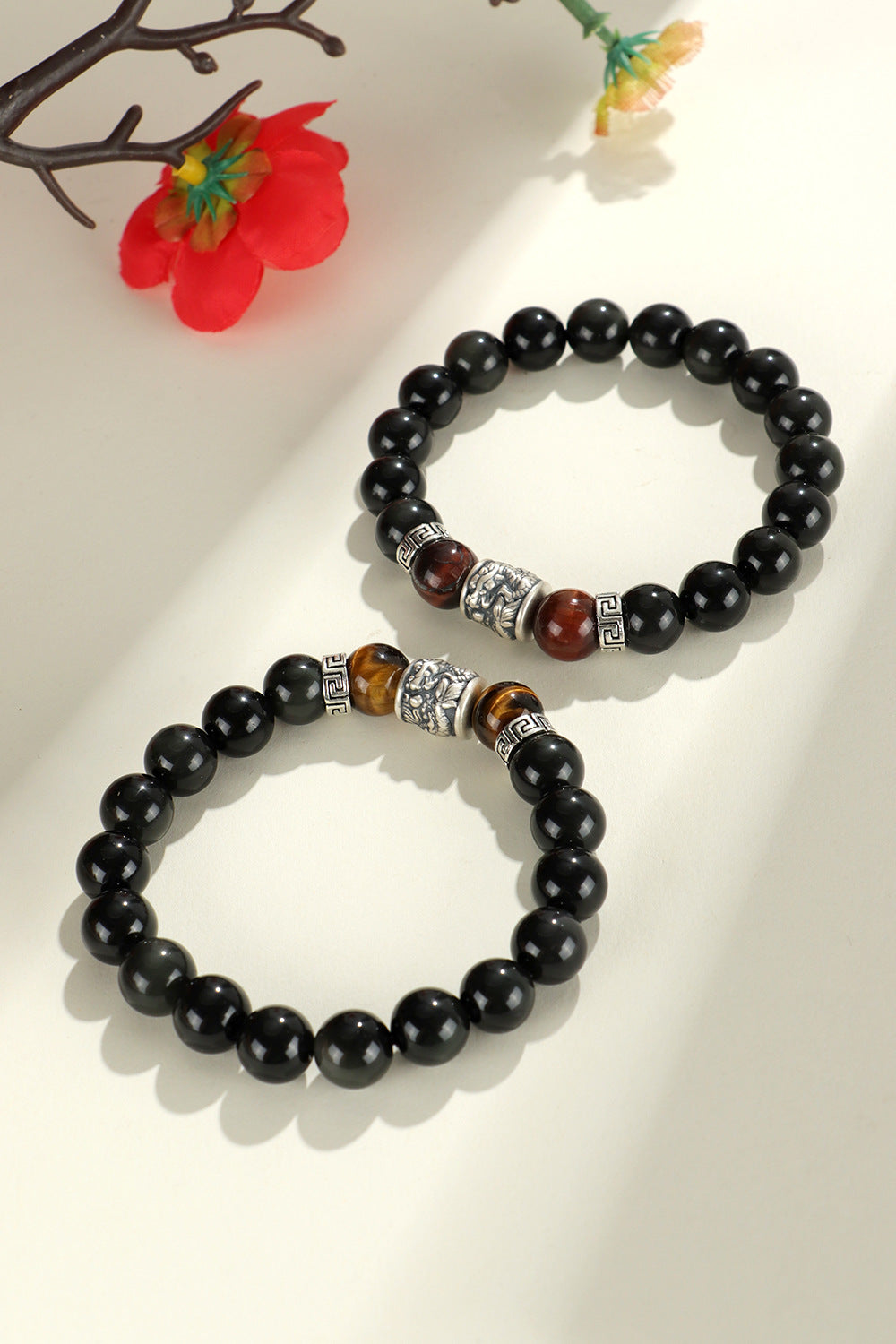 Silver Prayer Wheel Obsidian Bracelet