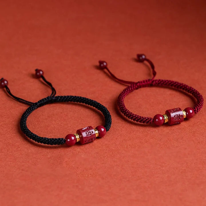 Tibet Cinnabar Om Mani Padme Hum Engraved Blessing Braided Bracelet - Fortune & Karma