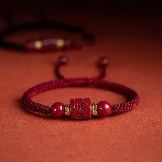 Tibet Cinnabar Om Mani Padme Hum Engraved Blessing Braided Bracelet - Fortune & Karma