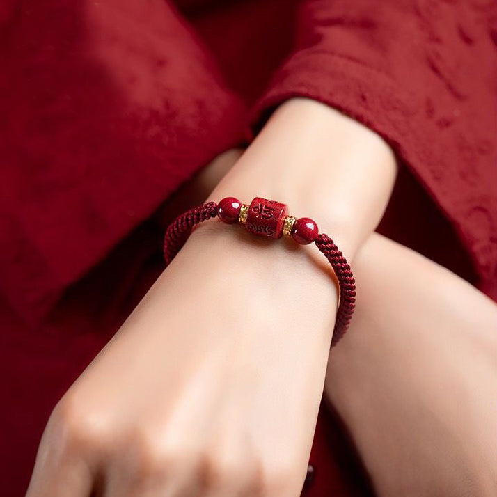 Tibet Cinnabar Om Mani Padme Hum Engraved Blessing Braided Bracelet - Fortune & Karma
