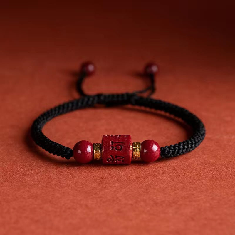 Tibet Cinnabar Om Mani Padme Hum Engraved Blessing Braided Bracelet - Fortune & Karma