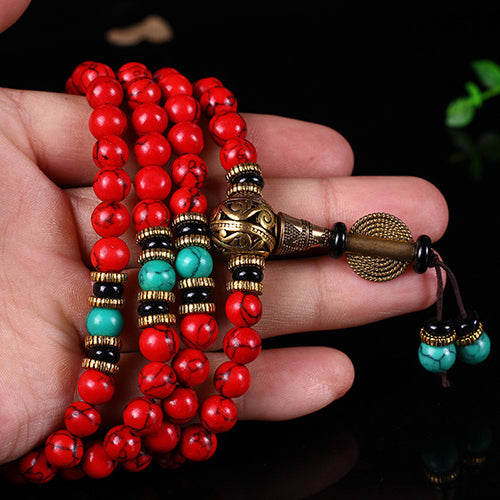 Tibetan Mala Red Turquoise Lucky Necklace Bracelet - Fortune & Karma