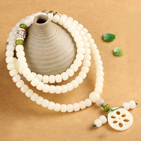 White Bodhi Seed Mala 108 Beads Luck Necklace Bracelet - Fortune & Karma