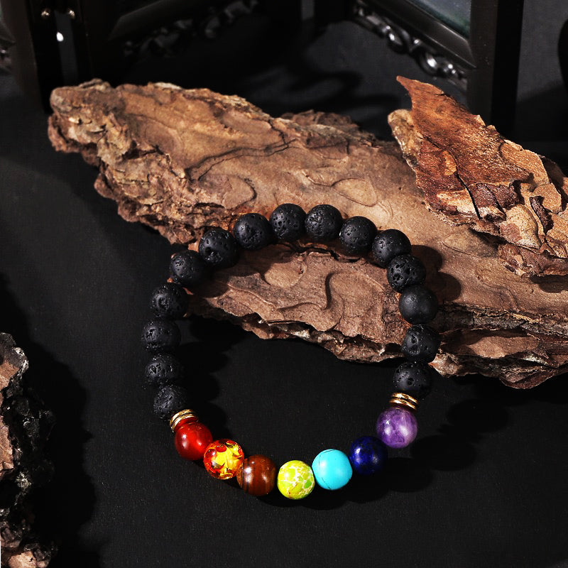 7 Chakra Lava Stone Bracelet essential oil diffuser with black porous lava beads and colorful chakra gemstones