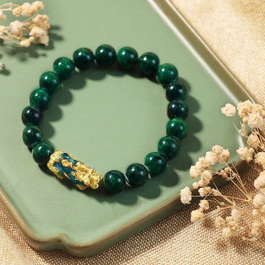 Feng shui Pixiu and green jade bead protection bracelet