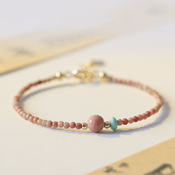 14K gold plated natural rhodonite chain bracelet with pink and black marbled stone beads