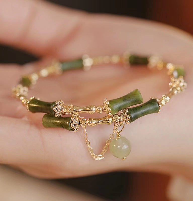 Bamboo jade pattern luck bracelet bangle showing carved bamboo segments in green jade