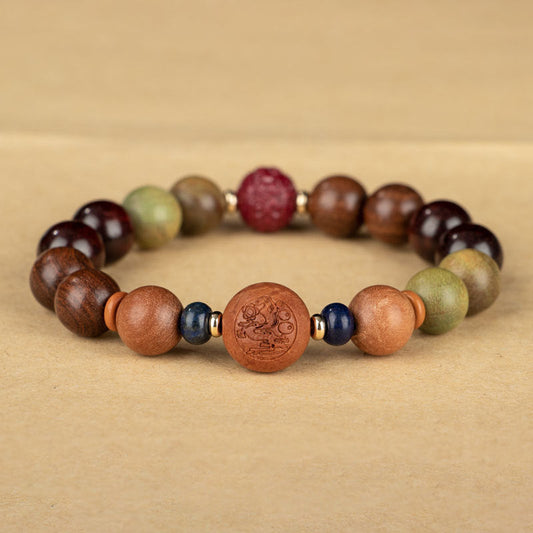 Chinese zodiac natural green sandalwood protection bracelet with carved zodiac animal charm