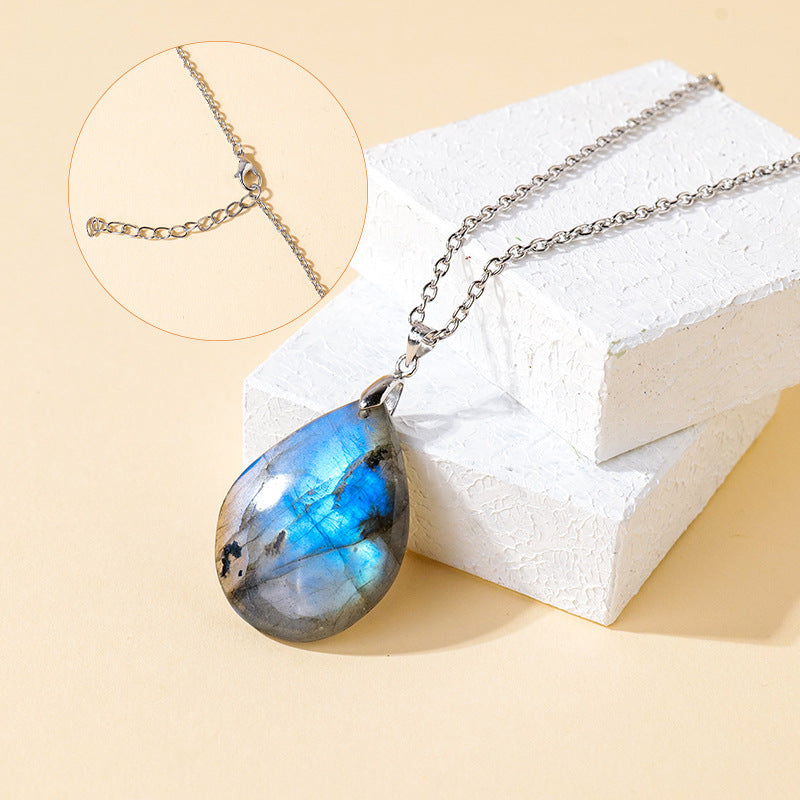 Labradorite water drop pendant necklace showing blue flash