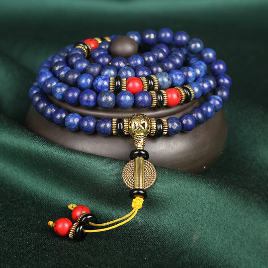 Tibetan lapis lazuli mala beads necklace and bracelet from Fortune & Karma