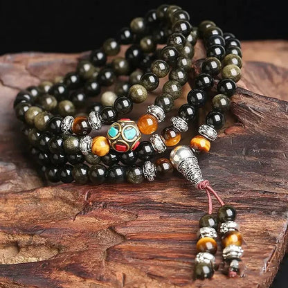 108 Beads Mala Golden Obsidian Tiger Eye Energy Necklace Bracelet - Fortune & Karma