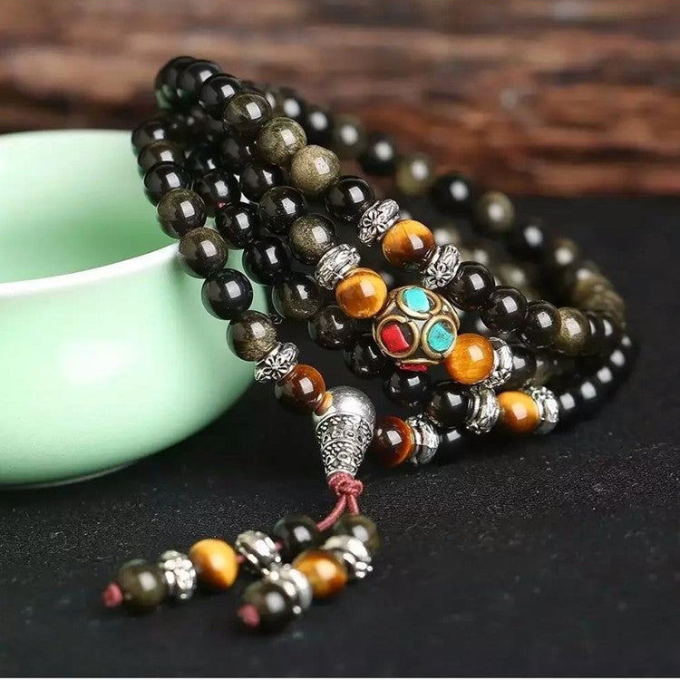 108 Beads Mala Golden Obsidian Tiger Eye Energy Necklace Bracelet - Fortune & Karma