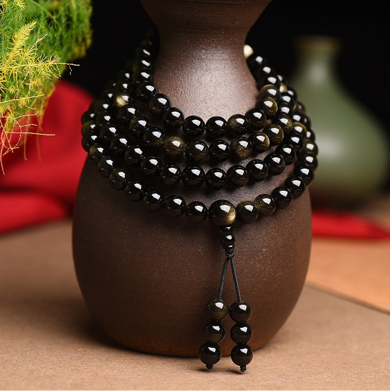 108 Mala Beads Natural Gold Sheen Obsidian Wealth Necklace Bracelet - Fortune & Karma