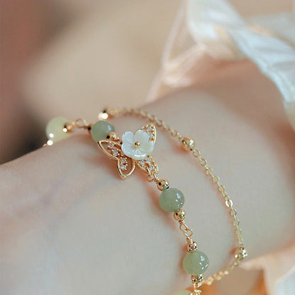 14K Gold Plated Jade Butterfly Tridacna Stone Double Layer Luck Bracelet - Fortune & Karma