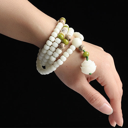 White Jade Bodhi Lotus Mala Harmony Necklace Bracelet - Fortune & Karma