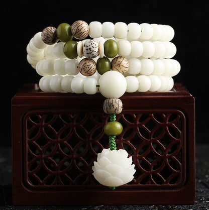 White Jade Bodhi Lotus Mala Harmony Necklace Bracelet - Fortune & Karma